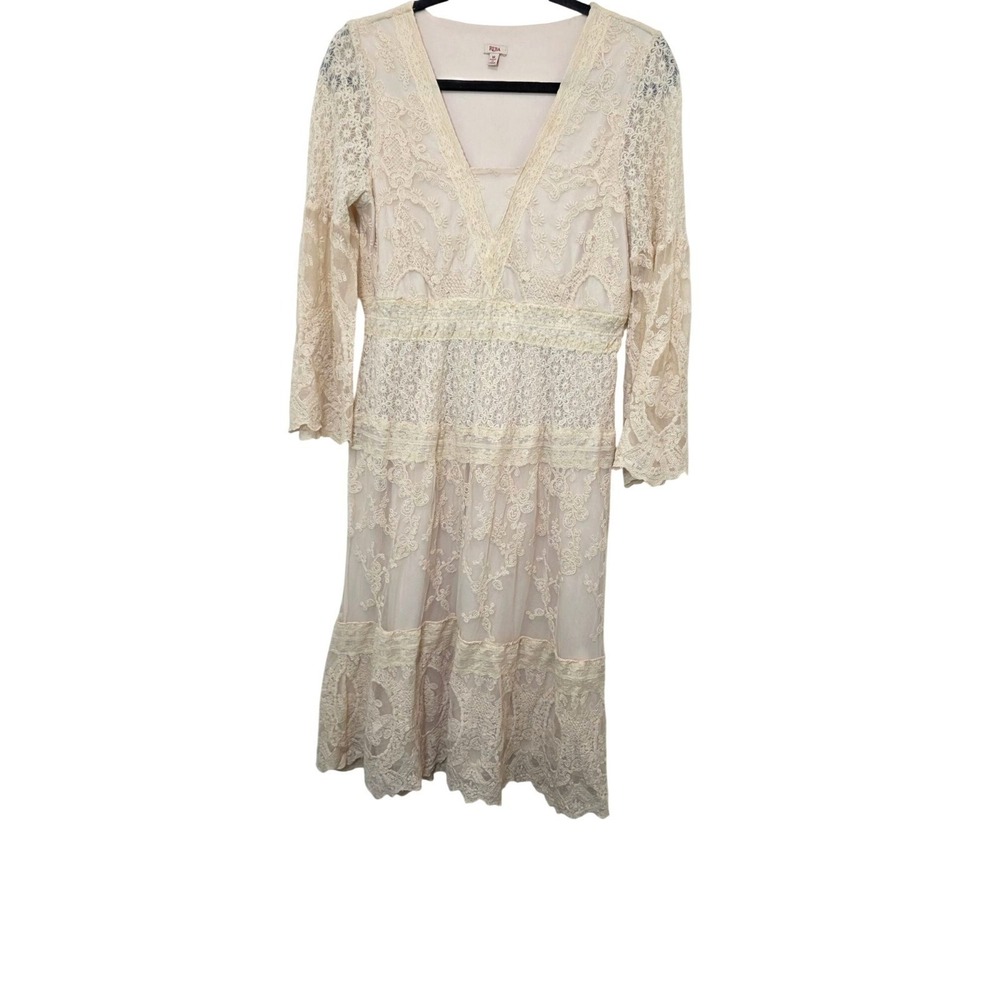Reba Elegant‎ Cream Lace Dress Sheer Overlay V-Neckline 3/4 Sleeves Midi Size M